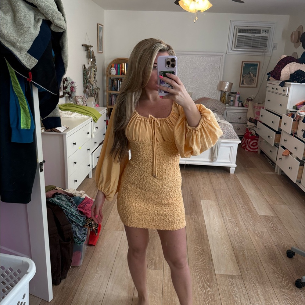 Free People Yellow Ruched Ribbed Mini Dress - Picture 3 of 6
